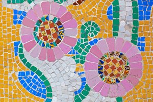 Barcelona, España. Trabajo de mosaico en la fachada del Palau de la Música Catalana. Edificio modernista de Lluís Domènech i Montaner. Palacio de la Música Catalana.